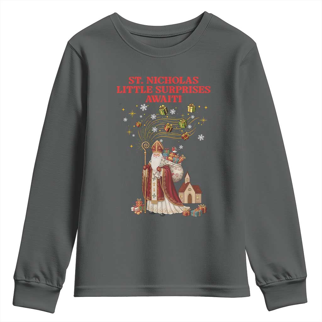 Saint Nicholas Santa Claus Christmas Youth Sweatshirt Little Surprises Awaiti TS14 Dark Heather Print Your Wear