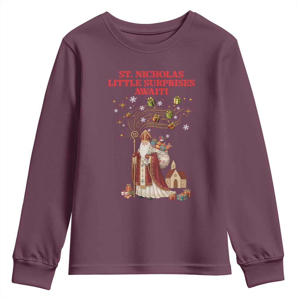 Saint Nicholas Santa Claus Christmas Youth Sweatshirt Little Surprises Awaiti TS14 Maroon Print Your Wear