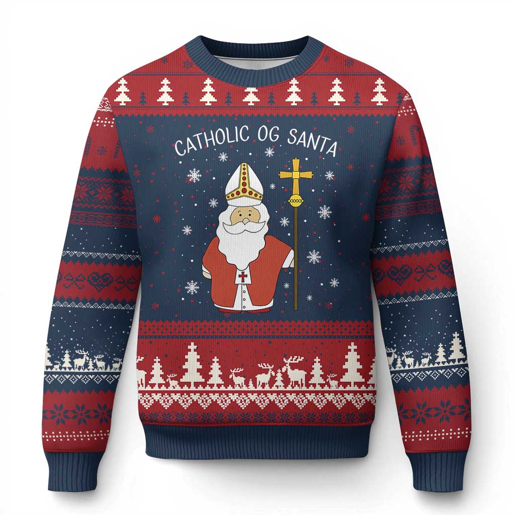Saint Nicholas Catholic Xmas Ugly Christmas Sweater TS14 Navy Red Print Your Wear