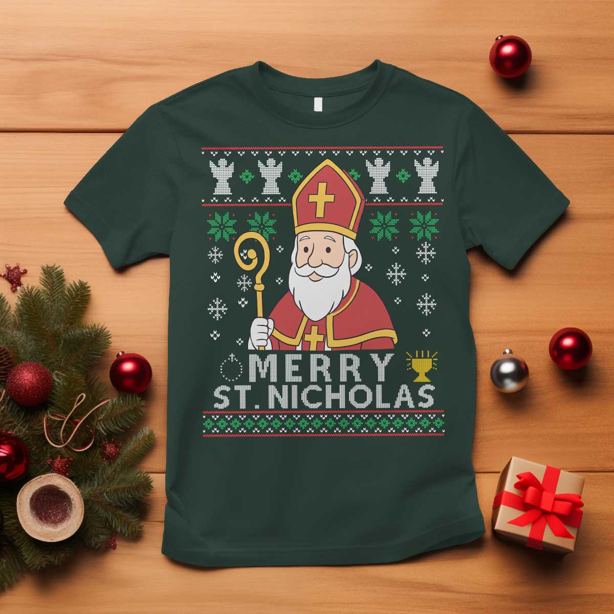 Saint Nicholas Santa Claus Christmas T Shirt TS14 Dark Forest Green Print Your Wear