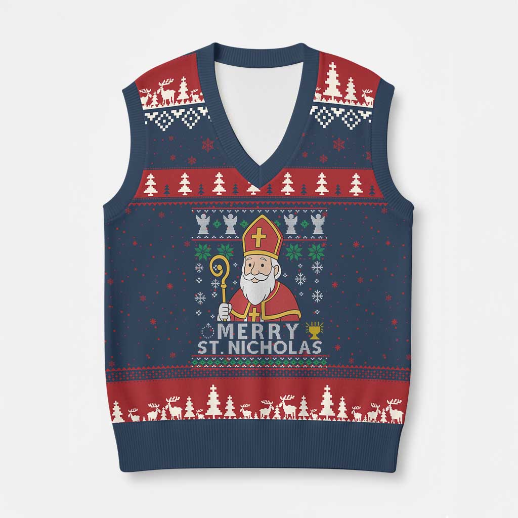 Saint Nicholas Santa Claus Xmas V-Neck Knit Sweater Vest TS14 Navy Red Print Your Wear