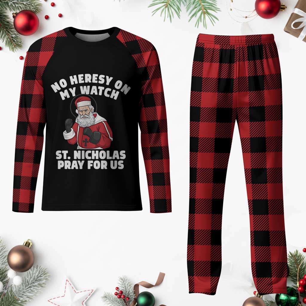 Funny Saint Nicholas Christmas Plaid Pajama Set No Heresy On My Watch St Nicholas Pray For Us Saint Nick's TS14 Buffalo Plaid Print Your Wear