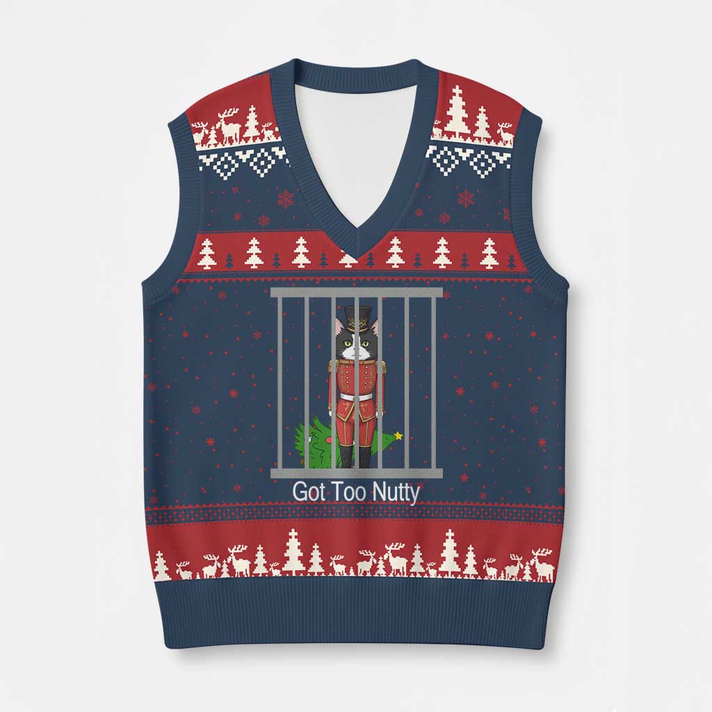 Funny Cat Nutcracker Xmas V-Neck Knit Sweater Vest Got Too Nutty TS14 Navy Red Print Your Wear