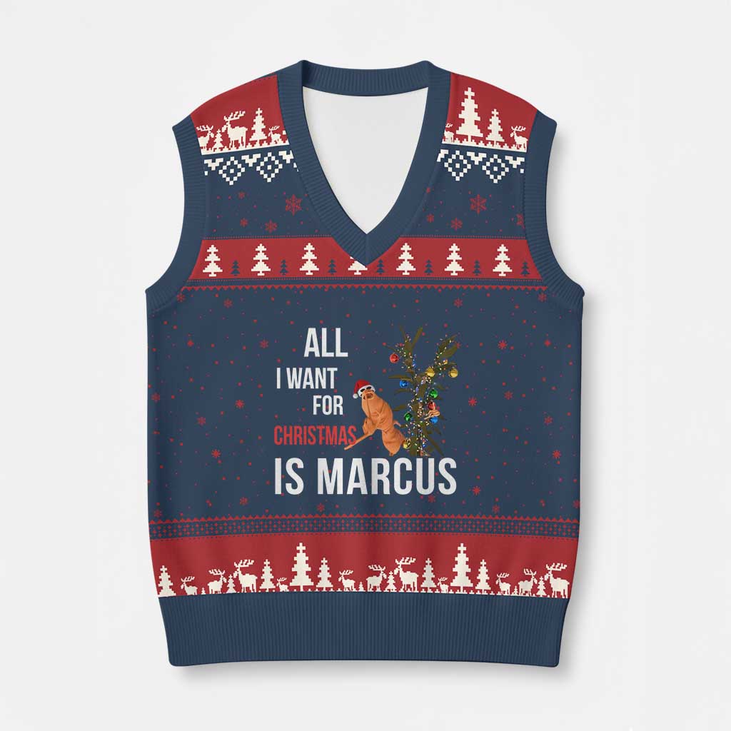 Marcus The Worm Robert Xmas Meme V-Neck Knit Sweater Vest All I Want For Xmas Is Marcus TS14 Navy Red Print Your Wear