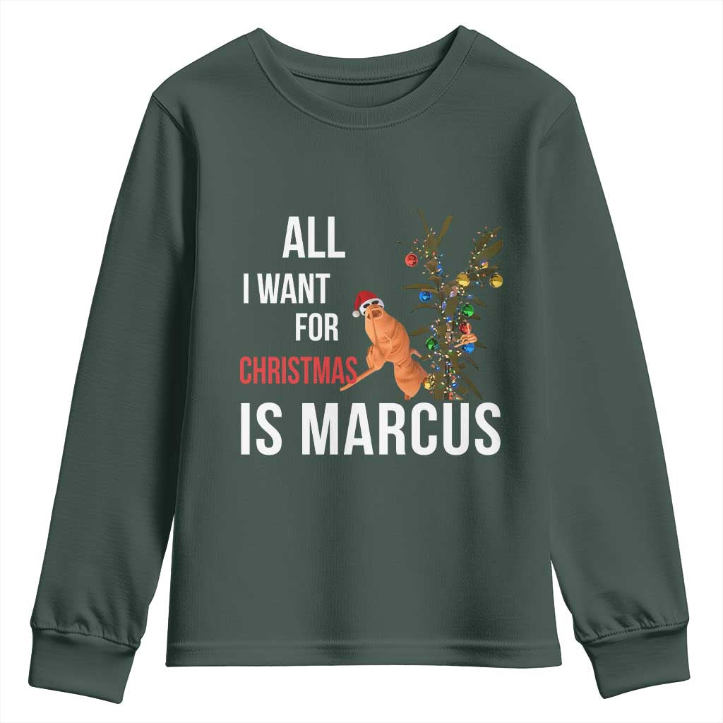 Marcus The Worm Robert Christmas Meme Youth Sweatshirt All I Want For Xmas Is Marcus TS14 Dark Forest Green Print Your Wear