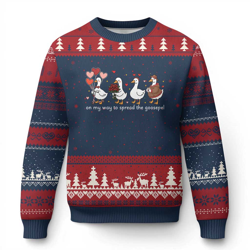 Silly Goose Christian Valentine Gospel Ugly Christmas Sweater On My Way To Spread The Goosepel TS14 Navy Red Print Your Wear