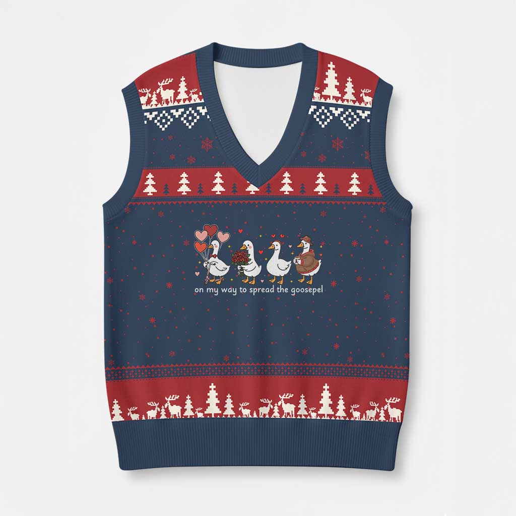 Silly Goose Christian Valentine Gospel V-Neck Knit Sweater Vest On My Way To Spread The Goosepel TS14 Navy Red Print Your Wear