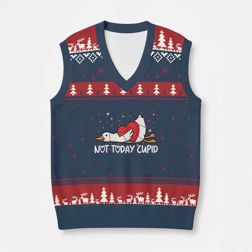 Silly Goose Valentine V-Neck Knit Sweater Vest Not Today Cupid TS14 Navy Red Print Your Wear