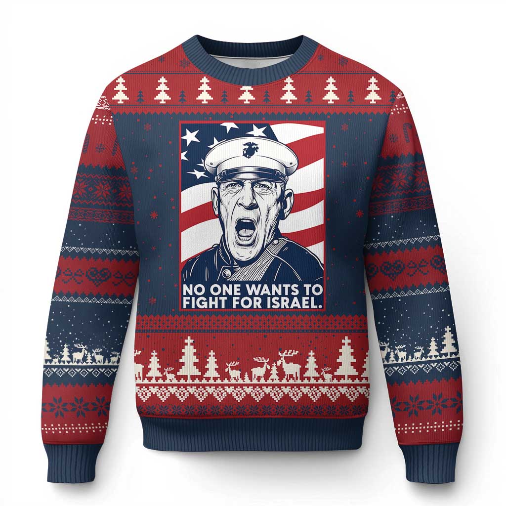 No One Wants To Fight For Israel Ugly Christmas Sweater US Marine Veteran Anti War TS14 Navy Red Print Your Wear