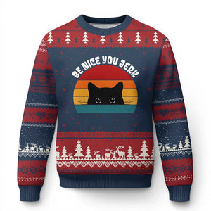 Be Nice You Jerk Ugly Christmas Sweater Funny Cat Sarcastic Quote TS14 Navy Red Print Your Wear