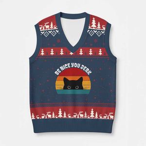 Be Nice You Jerk V-Neck Knit Sweater Vest Funny Cat Sarcastic Quote TS14 Navy Red Print Your Wear