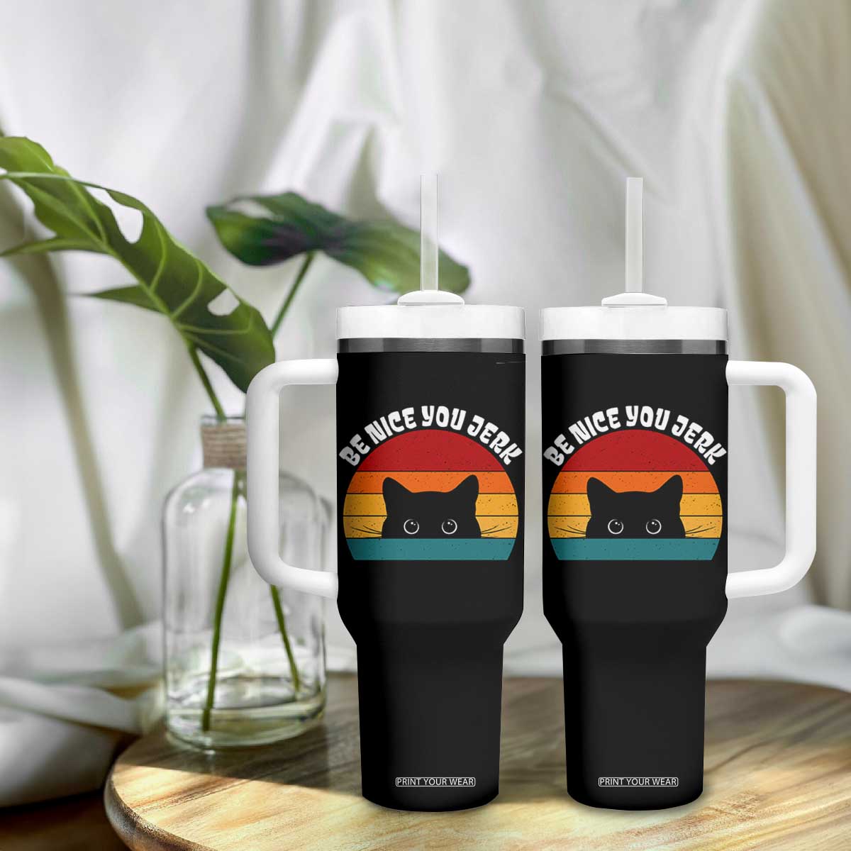Be Nice You Jerk Tumbler With Handle Funny Cat Sarcastic Quote TS14 Print Your Wear