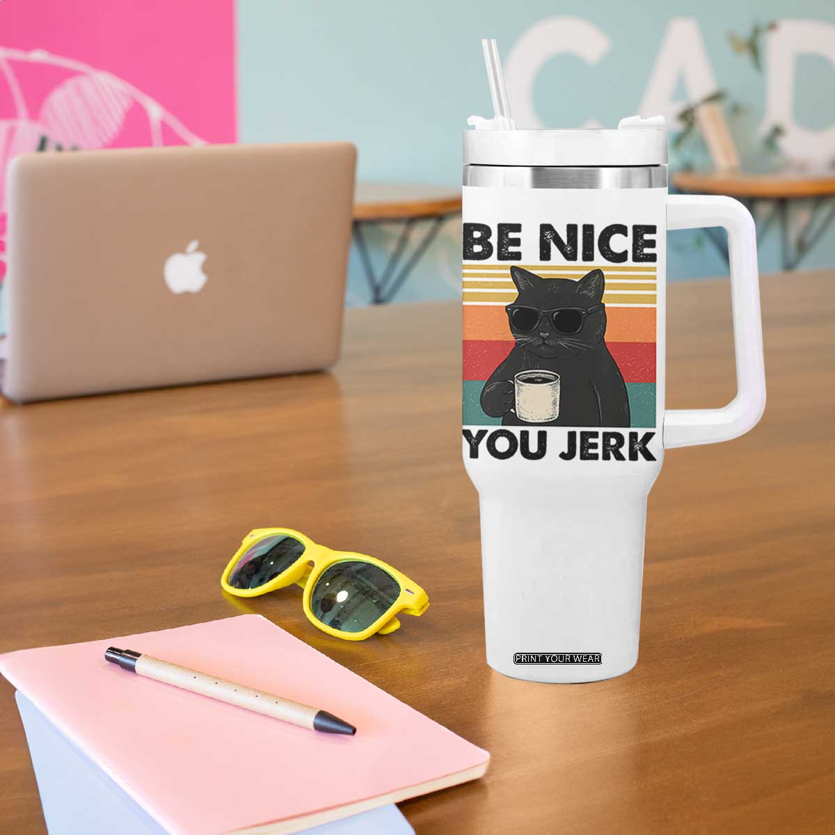 Be Nice You Jerk Tumbler With Handle Funny Black Cat Sarcastic Quote TS14 Print Your Wear