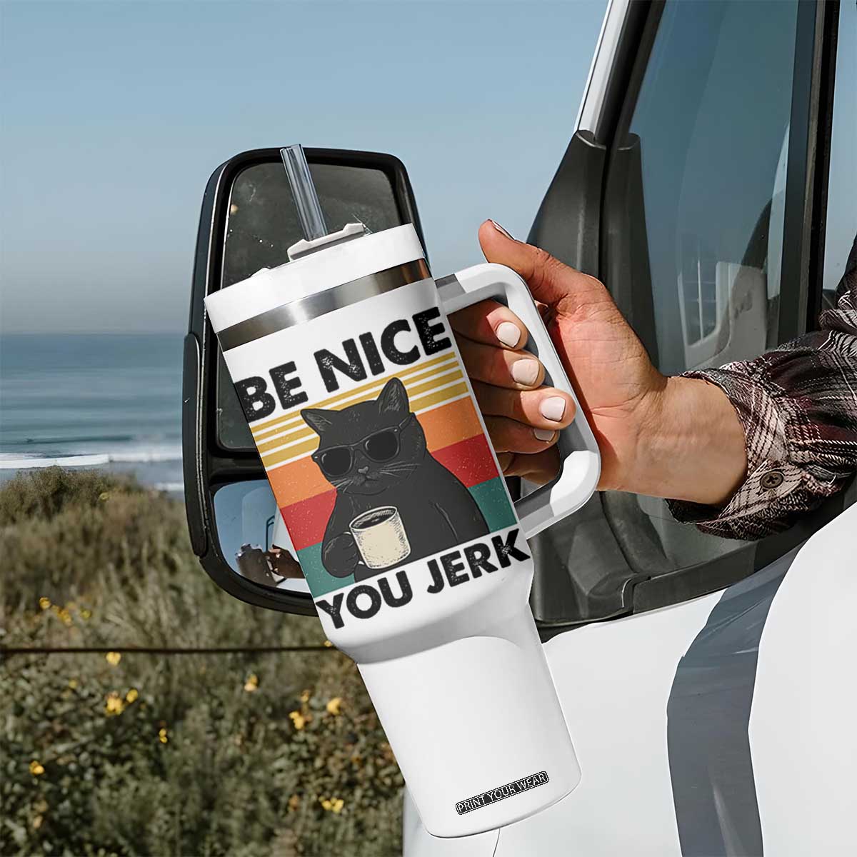 Be Nice You Jerk Tumbler With Handle Funny Black Cat Sarcastic Quote TS14 Print Your Wear