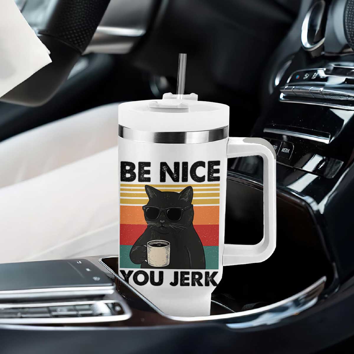 Be Nice You Jerk Tumbler With Handle Funny Black Cat Sarcastic Quote TS14 Print Your Wear