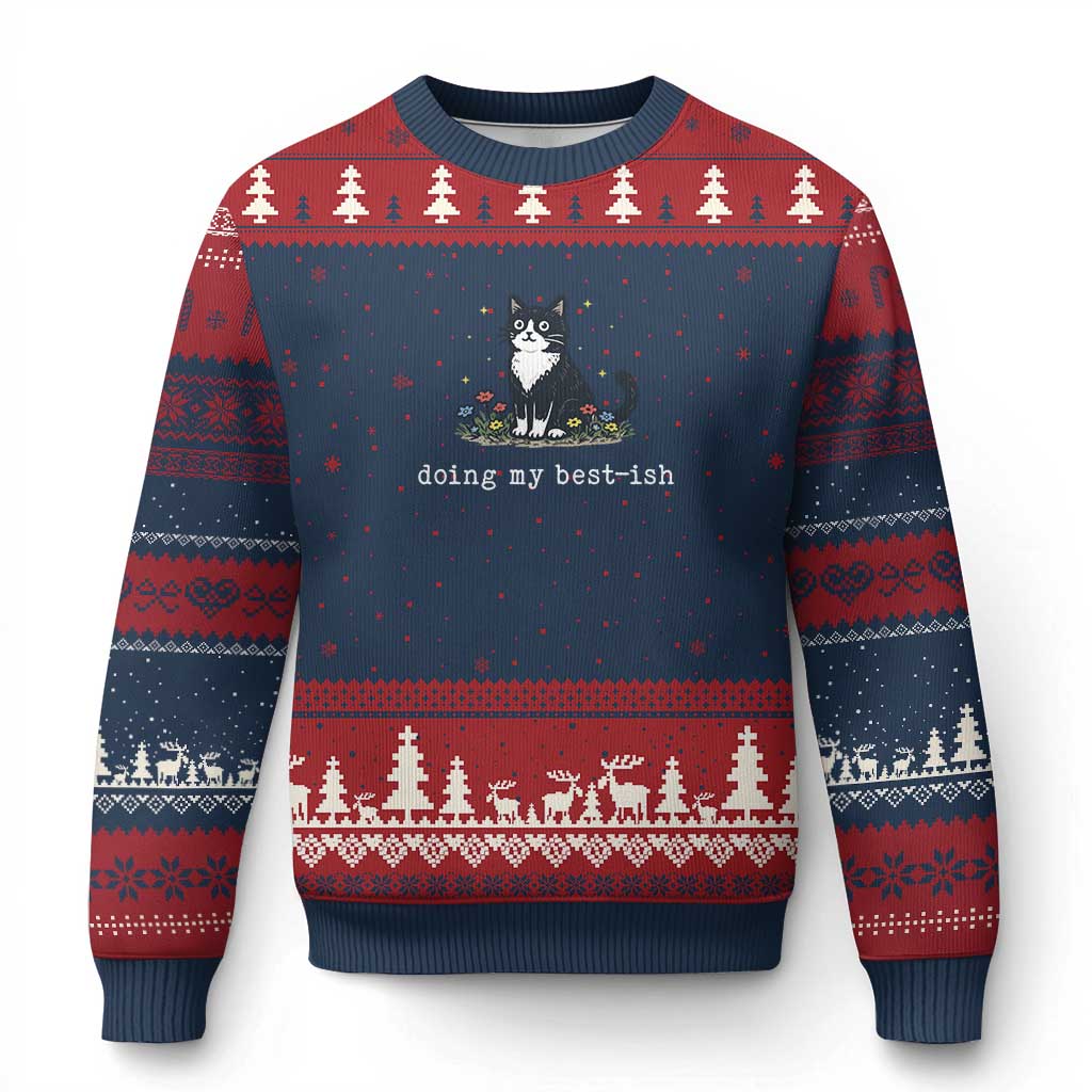 Doing My Best-ish Ugly Christmas Sweater Funny Cat Sarcastic Joke TS14 Navy Red Print Your Wear