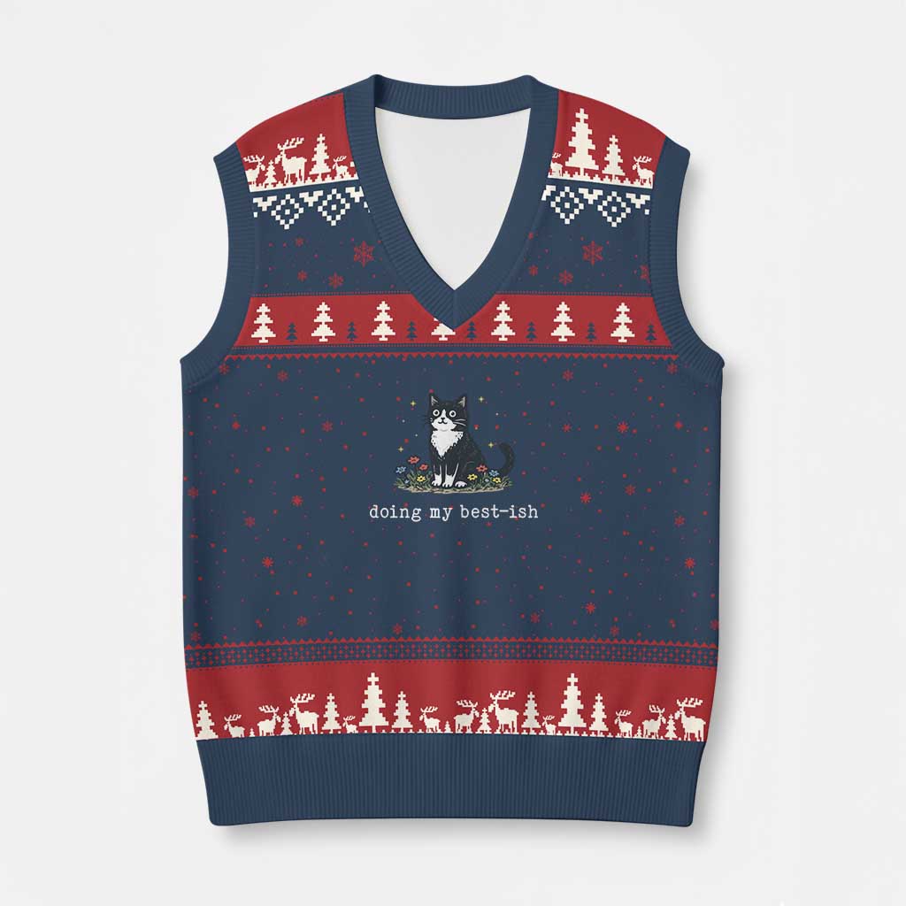 Doing My Best-ish V-Neck Knit Sweater Vest Funny Cat Sarcastic Joke TS14 Navy Red Print Your Wear