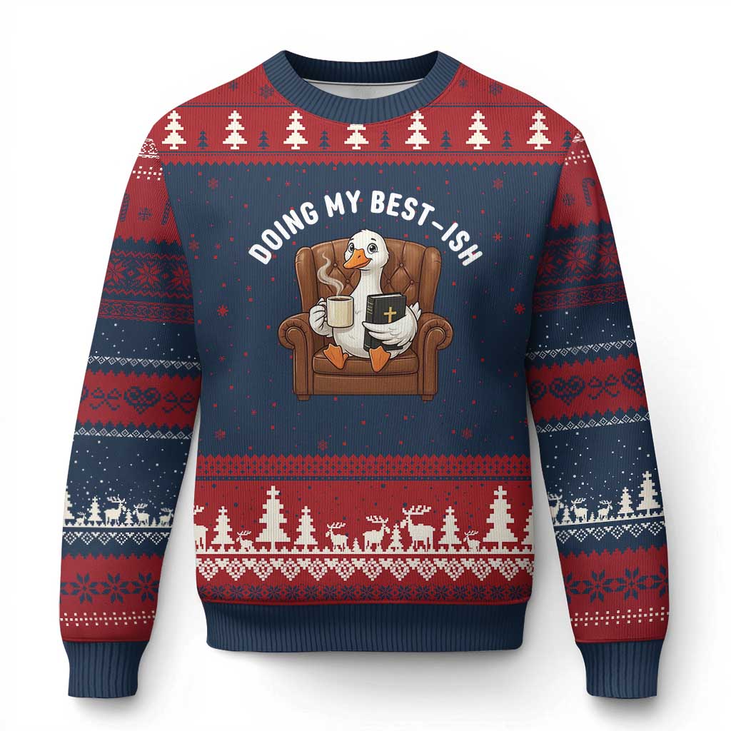 Doing My Best-ish Ugly Christmas Sweater Funny Silly Goose Sarcastic Joke TS14 Navy Red Print Your Wear