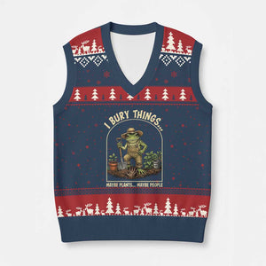 I Bury Things Maybe Plants Maybe People V-Neck Knit Sweater Vest Funny Gardening Frog Meme TS14 Navy Red Print Your Wear