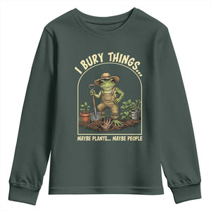 I Bury Things Maybe Plants Maybe People Youth Sweatshirt Funny Gardening Frog Meme TS14 Dark Forest Green Print Your Wear