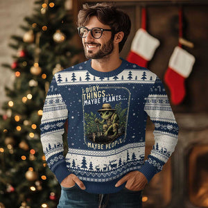 I Bury Things Maybe Plants Maybe People Ugly Christmas Sweater Funny Sarcastic Frog Garden Lover TS14 Navy Beige Print Your Wear