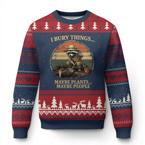 I Bury Things Maybe Plants Maybe People Ugly Christmas Sweater Funny Gardening Raccoon Meme TS14 Navy Red Print Your Wear