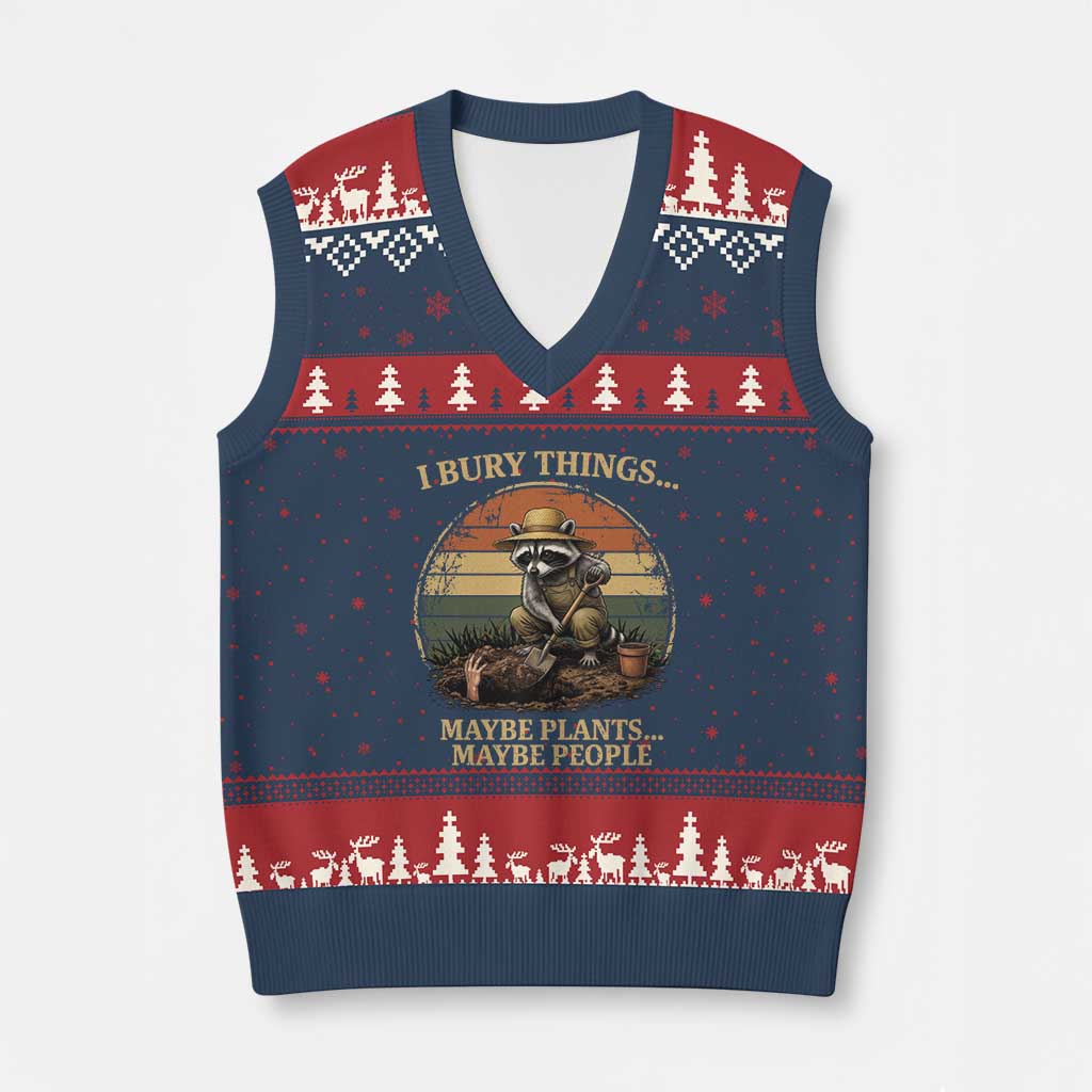 I Bury Things Maybe Plants Maybe People V-Neck Knit Sweater Vest Funny Gardening Raccoon Meme TS14 Navy Red Print Your Wear