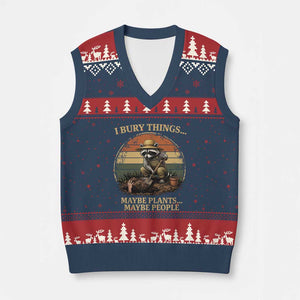 I Bury Things Maybe Plants Maybe People V-Neck Knit Sweater Vest Funny Gardening Raccoon Meme TS14 Navy Red Print Your Wear