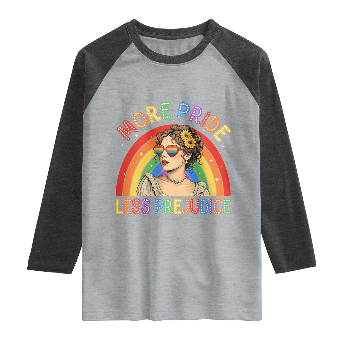 More Pride Less Prejudice Raglan Shirt Pride Month LGBTQ Gay Lesbian TS14 Heather Gray Heather Charcoal Print Your Wear