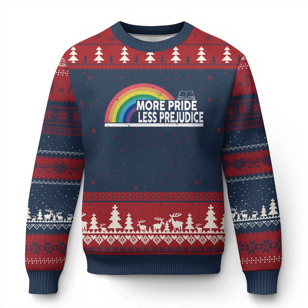 More Pride Less Prejudice Ugly Christmas Sweater Pride Month LGBTQ TS14 Navy Red Print Your Wear