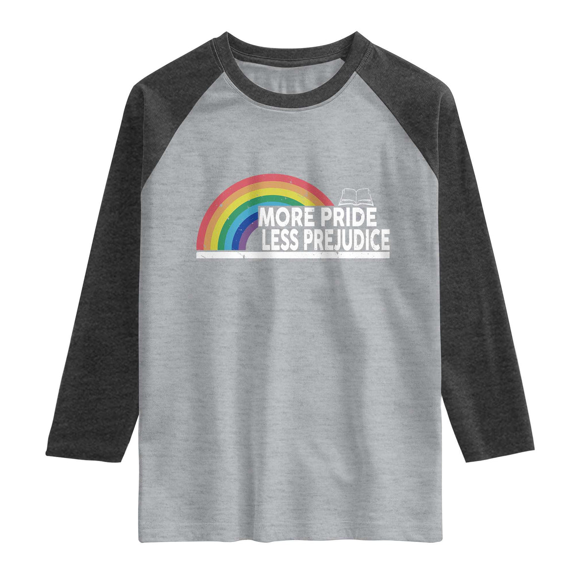More Pride Less Prejudice Raglan Shirt Pride Month LGBTQ TS14 Heather Gray Heather Charcoal Print Your Wear