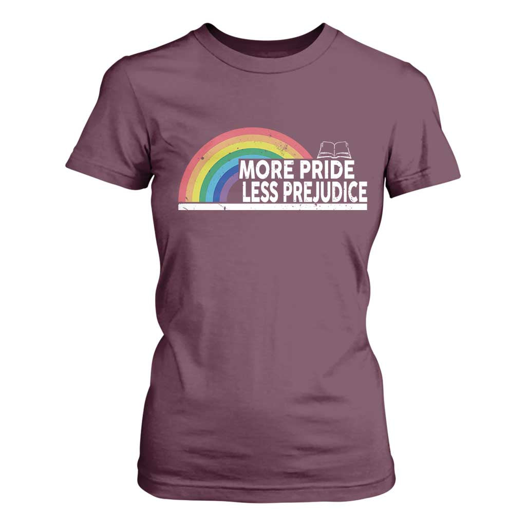 More Pride Less Prejudice T Shirt For Women Pride Month LGBTQ TS14 Maroon Print Your Wear