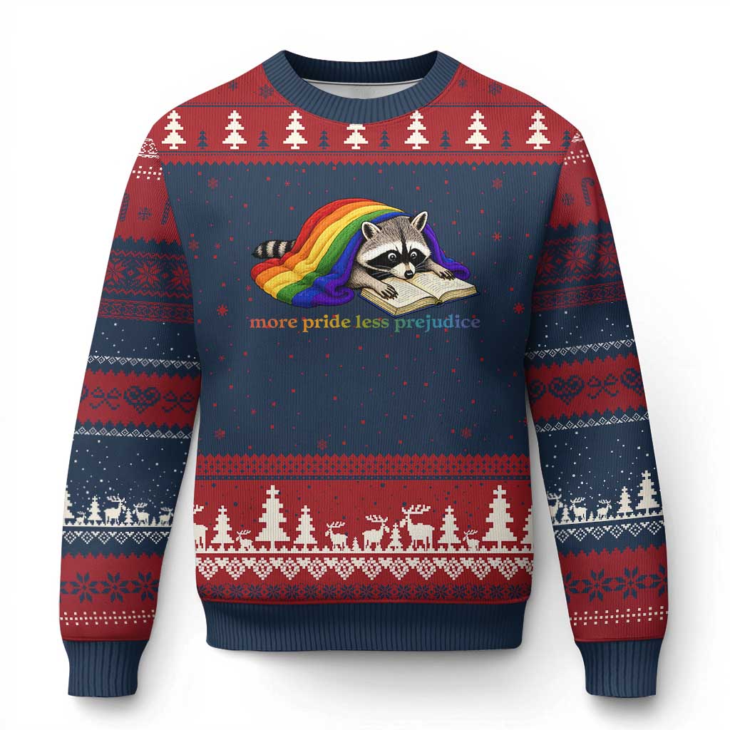 More Pride Less Prejudice Ugly Christmas Sweater LGBT Raccoon Book Lover