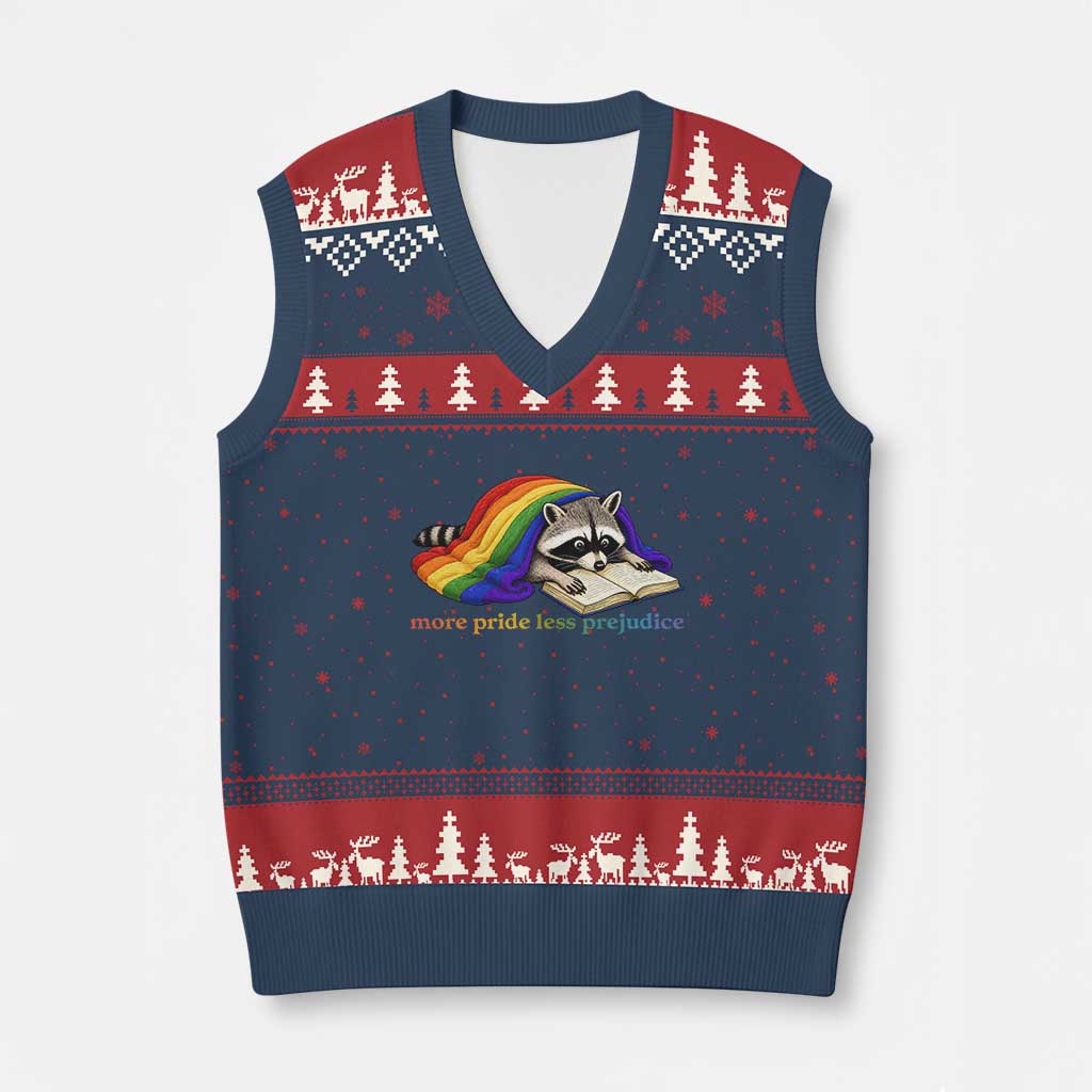 More Pride Less Prejudice V-Neck Knit Sweater Vest LGBT Raccoon Book Lover TS14 Navy Red Print Your Wear