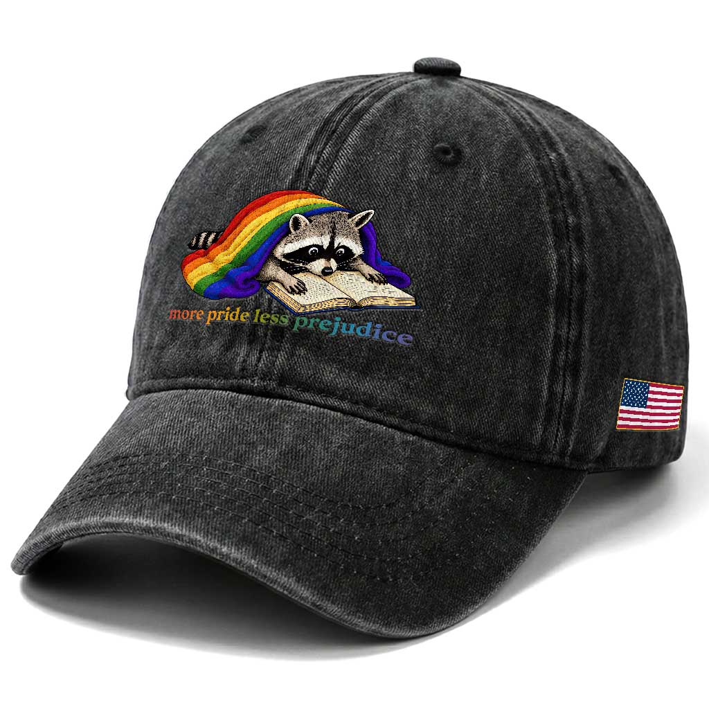More Pride Less Prejudice Washed Cotton Baseball Cap LGBT Raccoon Book Lover TS14 Print Your Wear