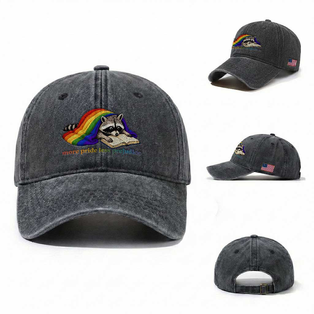 More Pride Less Prejudice Washed Cotton Baseball Cap LGBT Raccoon Book Lover TS14 Washed Cap Universal Fit Dark Gray Print Your Wear