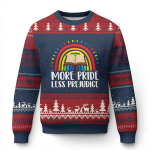 More Pride Less Prejudice Ugly Christmas Sweater LGBTQ Pride Month Book Lover TS14 Navy Red Print Your Wear