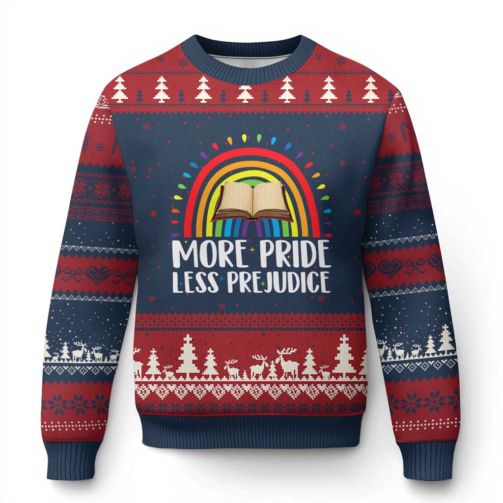 More Pride Less Prejudice Ugly Christmas Sweater LGBTQ Pride Month Book Lover TS14 Navy Red Print Your Wear