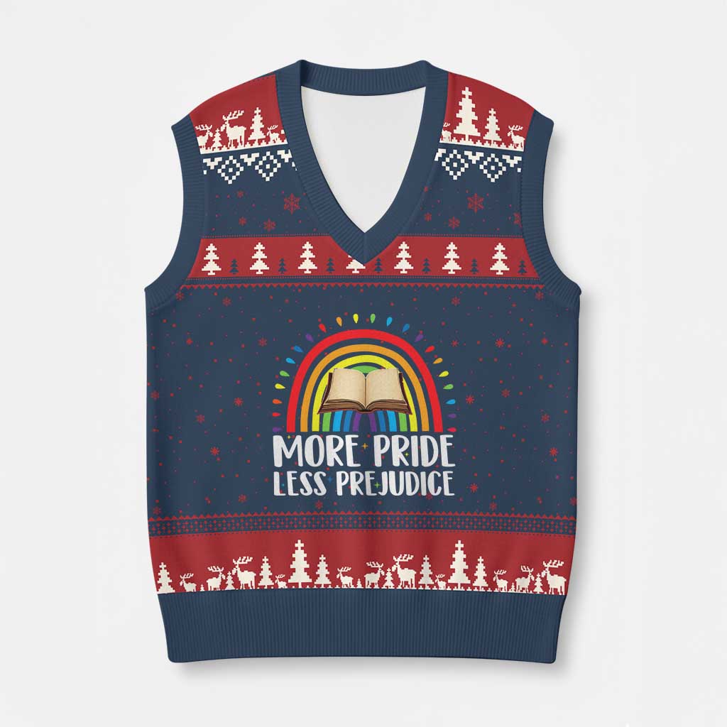 More Pride Less Prejudice V-Neck Knit Sweater Vest LGBTQ Pride Month Book Lover TS14 Navy Red Print Your Wear