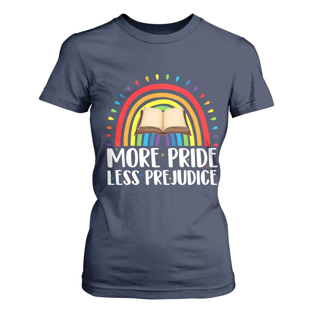 More Pride Less Prejudice T Shirt For Women LGBTQ Pride Month Book Lover TS14 Navy Print Your Wear