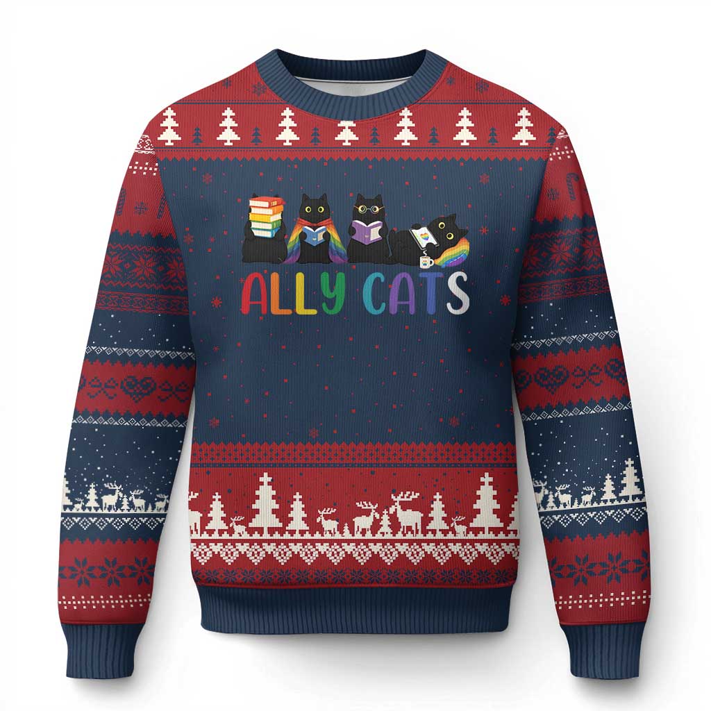 Rainbow Pride Ally Cats Ugly Christmas Sweater LGBTQ Inclusion Cat Lover Gift TS14 Navy Red Print Your Wear