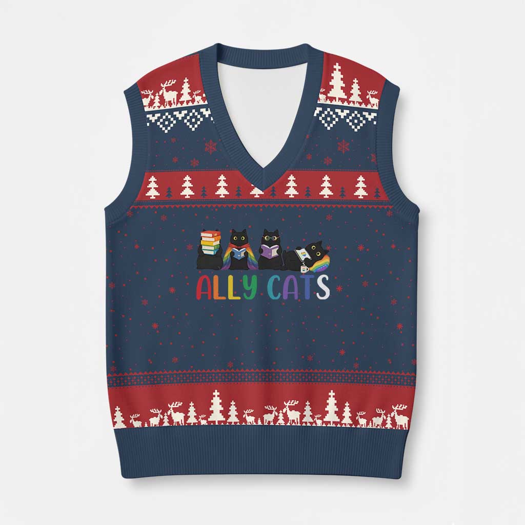 Rainbow Pride Ally Cats V-Neck Knit Sweater Vest LGBTQ Inclusion Cat Lover Gift TS14 Navy Red Print Your Wear