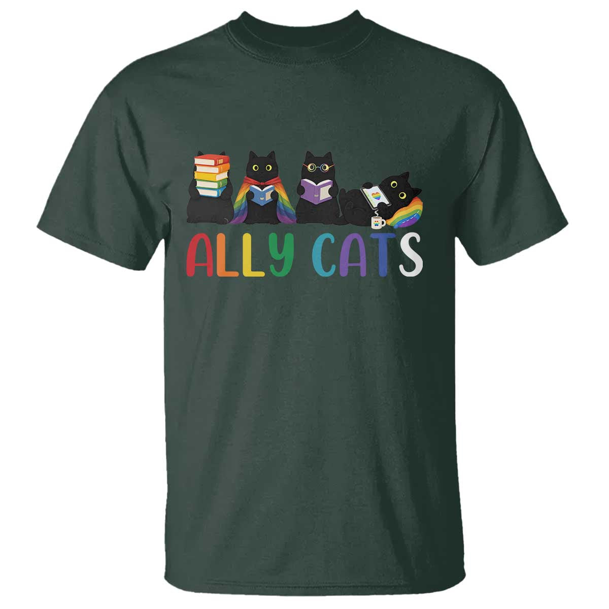Rainbow Pride Ally Cats T Shirt LGBTQ Inclusion Cat Lover Gift TS14 Dark Forest Green Print Your Wear