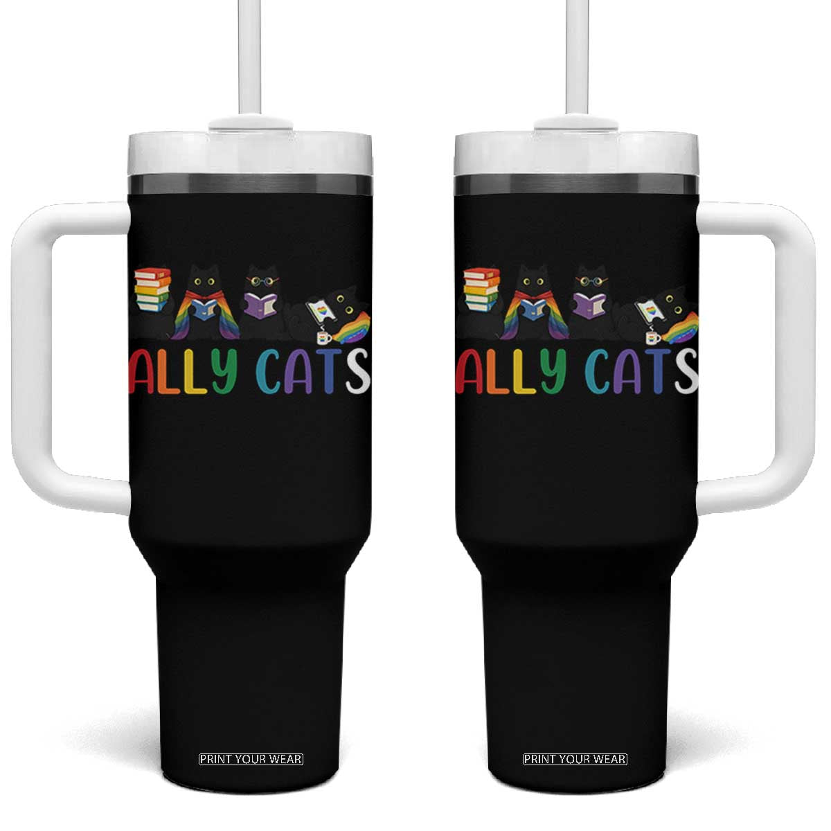Rainbow Pride Ally Cats Tumbler With Handle LGBTQ Inclusion Cat Lover Gift TS14 One Size: 40 oz Black Print Your Wear