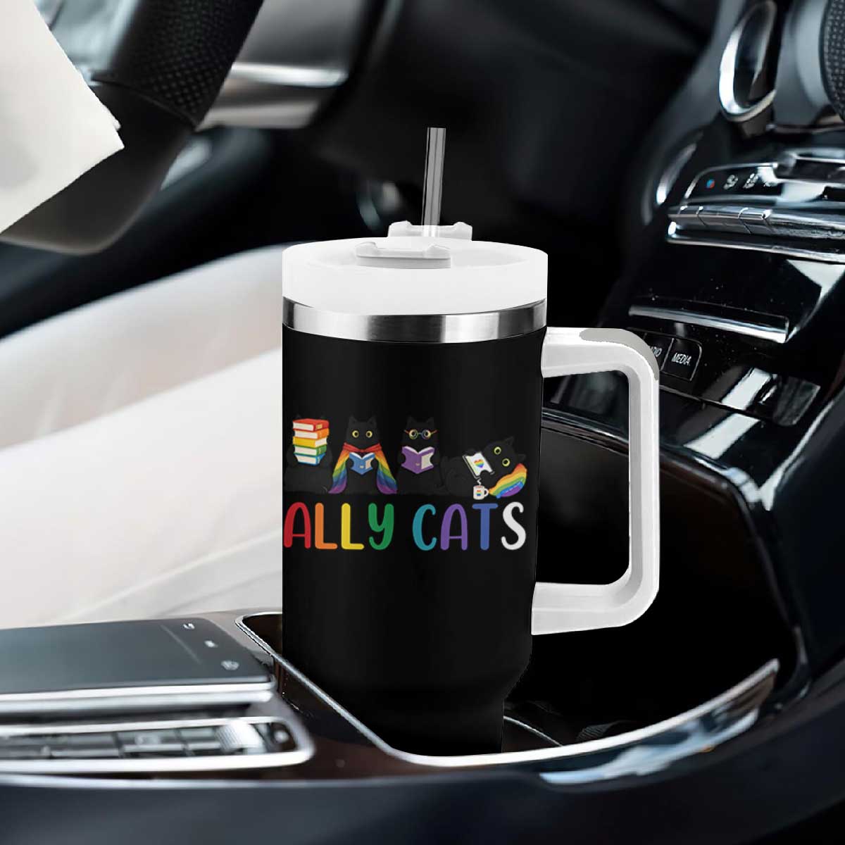 Rainbow Pride Ally Cats Tumbler With Handle LGBTQ Inclusion Cat Lover Gift