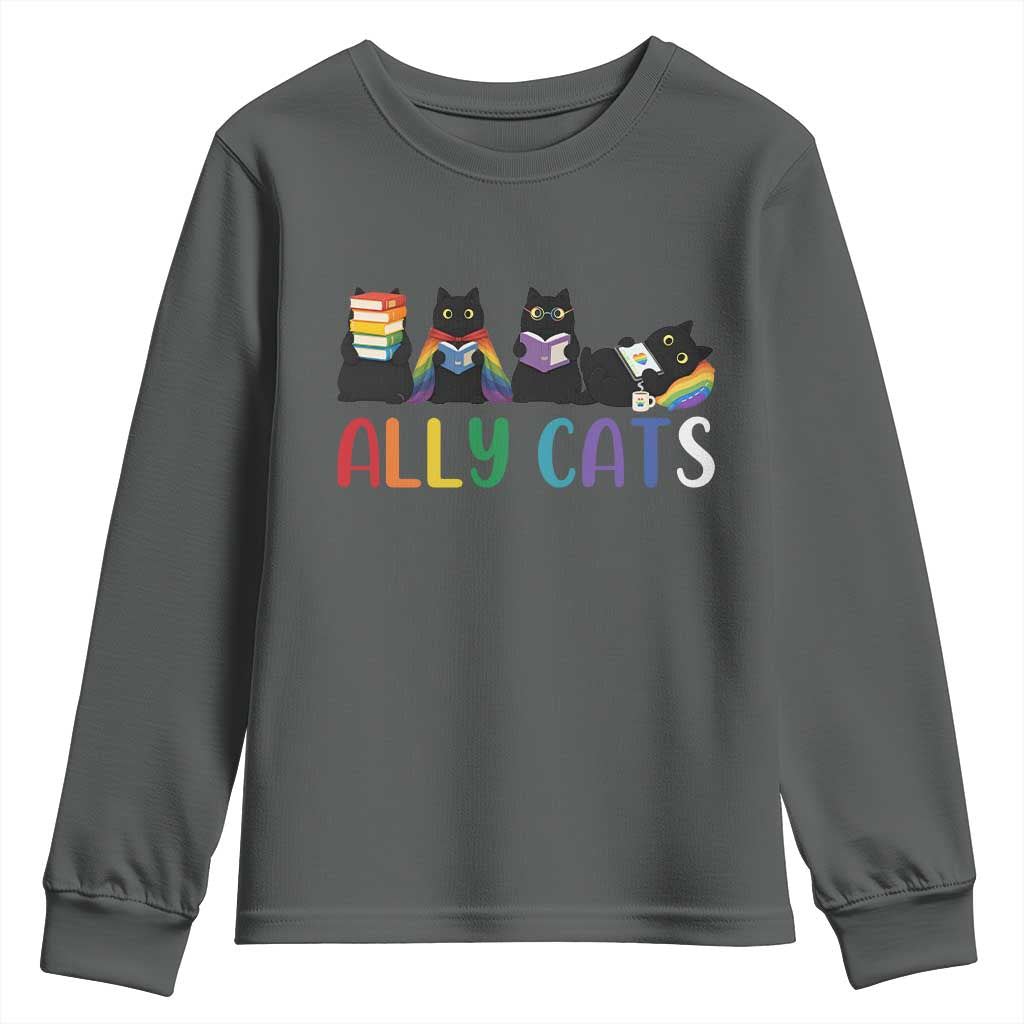 Rainbow Pride Ally Cats Youth Sweatshirt LGBTQ Inclusion Cat Lover Gift TS14 Dark Heather Print Your Wear
