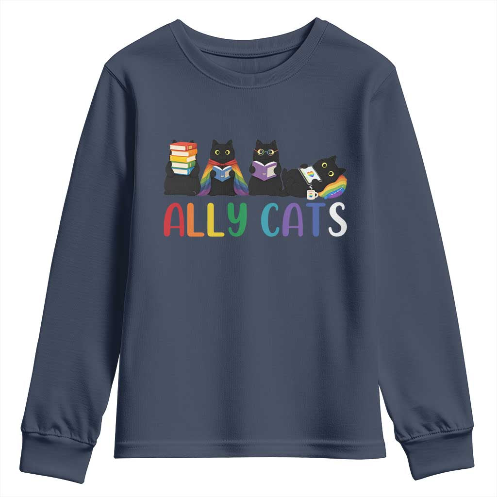 Rainbow Pride Ally Cats Youth Sweatshirt LGBTQ Inclusion Cat Lover Gift TS14 Navy Print Your Wear