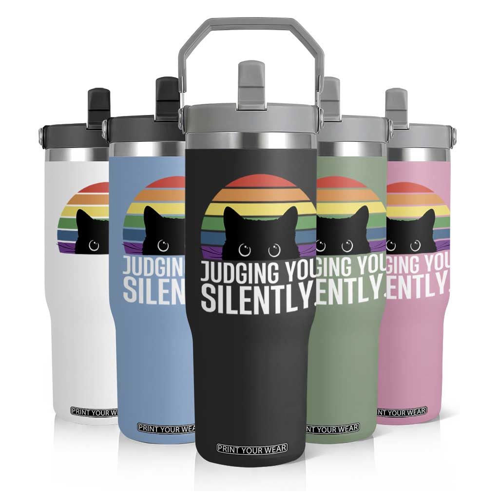 Rainbow Black Cat LGBT Pride Flip Straw Tumbler Judging You Silently