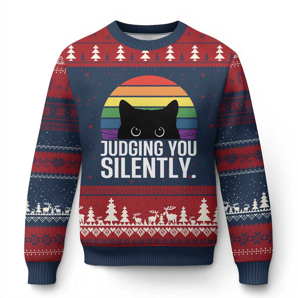 Rainbow Black Cat LGBT Pride Ugly Christmas Sweater Judging You Silently
