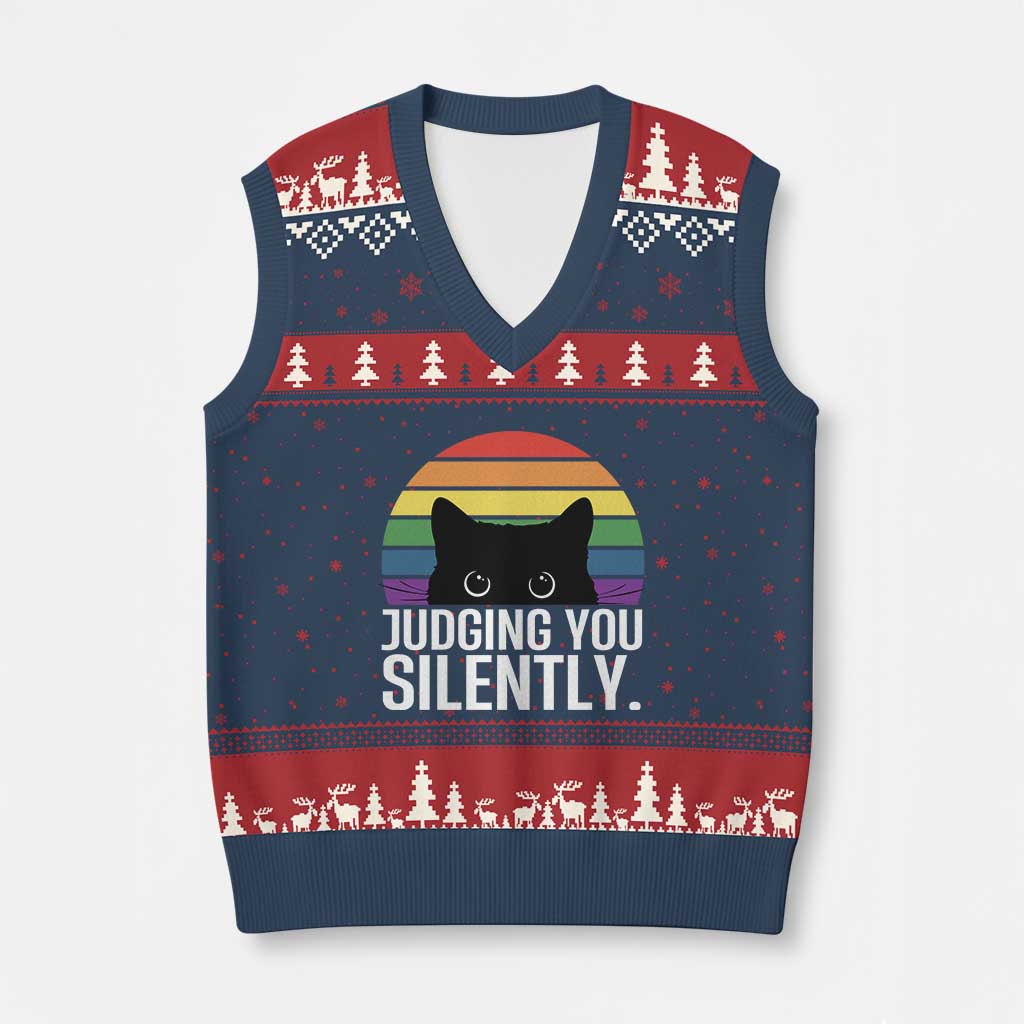 Rainbow Black Cat LGBT Pride V-Neck Knit Sweater Vest Judging You Silently TS14 Navy Red Print Your Wear